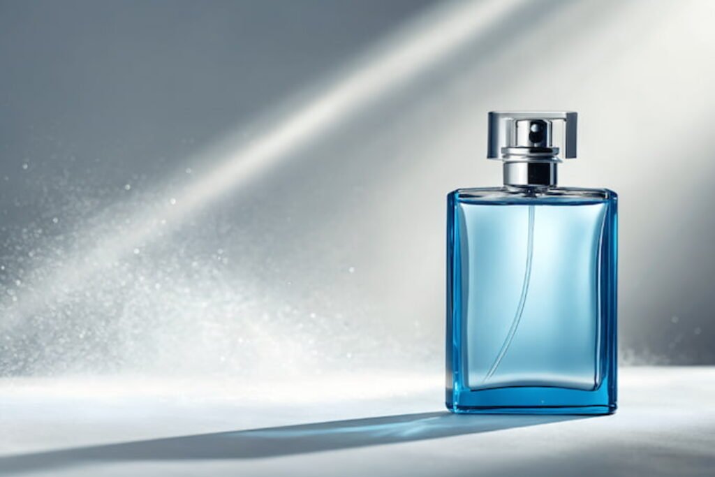 Perfume em fundo cinza 